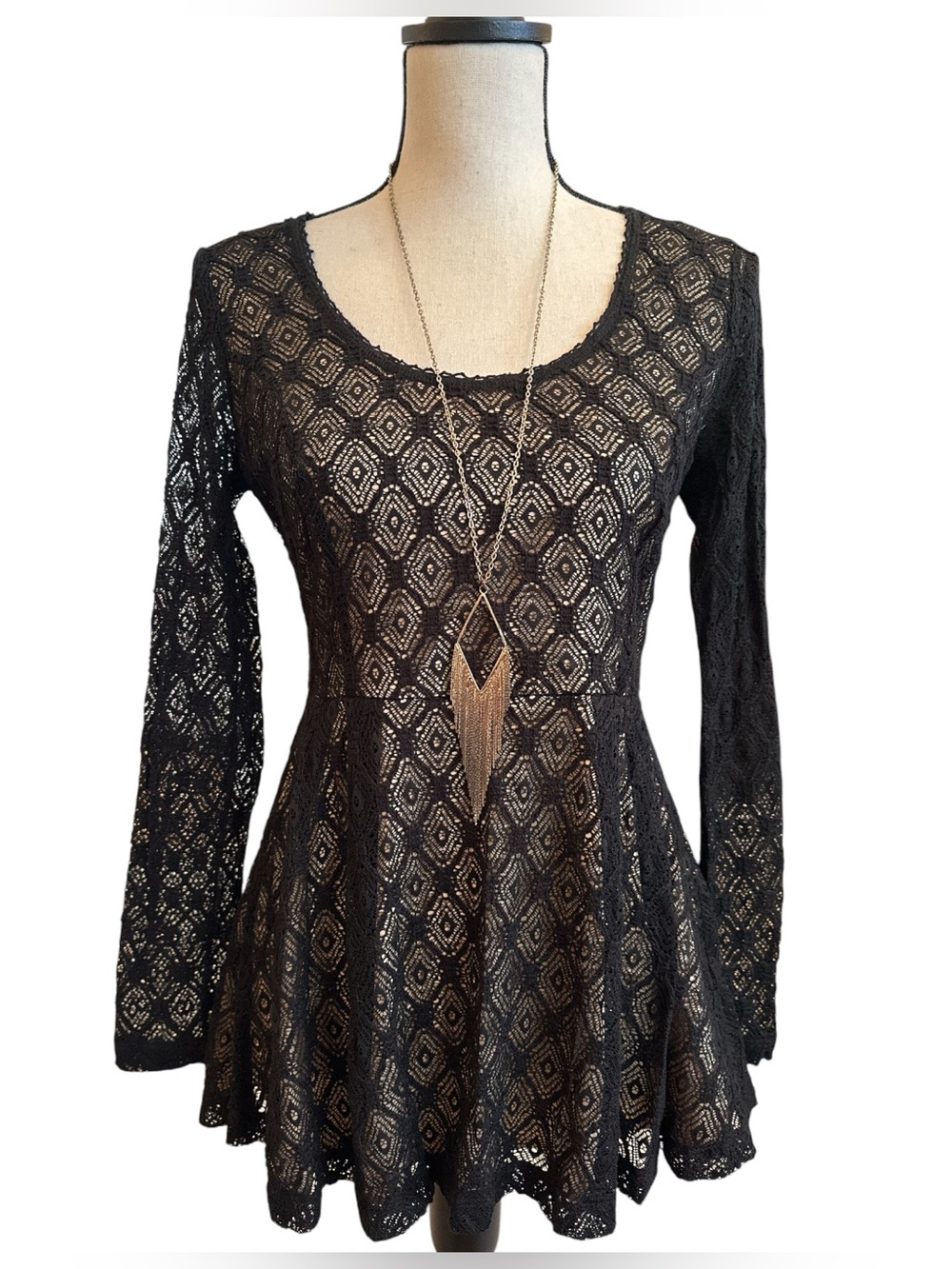 Catherine Malandrino Black Lace Fit Flare Tunic Top Gothic Boho Small